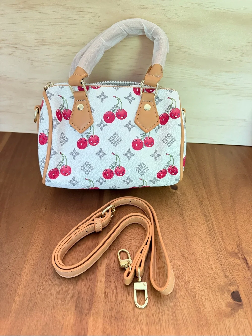 White Cherry Print Boston Handbag with Tan Accents - Picture 1 of 4